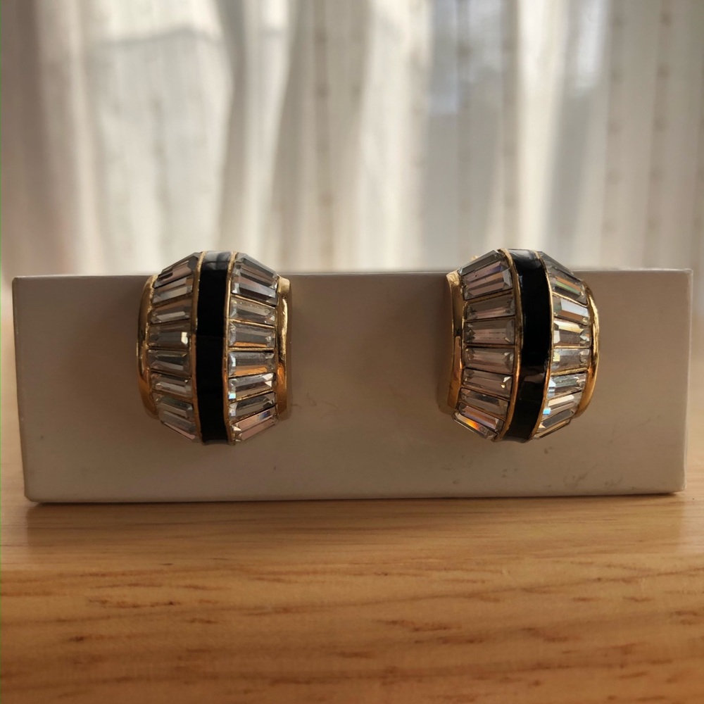 VINTAGE CHRISTIAN DIOR Black Enamel & Baguette Crystal Huggie Earrings 1980s